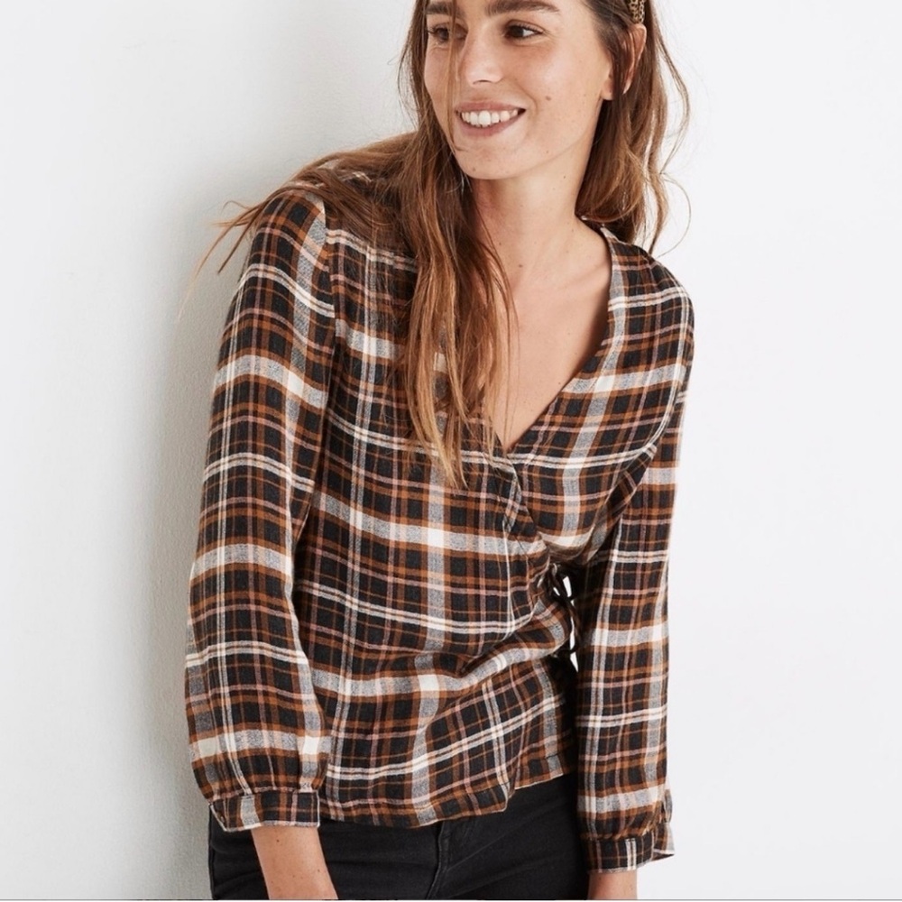 Madewell Plaid Wrap Tie Blouse – Brown | Size S | NWT